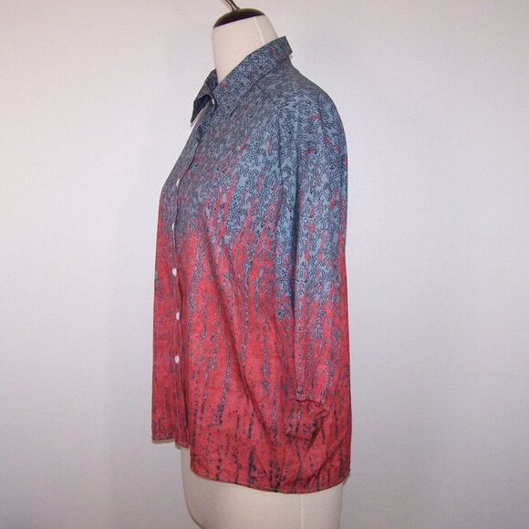 Misslook Button Up Shirt Top Womens Large Ombre 3/4 Sleeves Collared Gray Coral - Picture 4 of 10